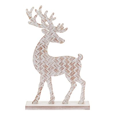 Boston International Christmas Statue Figurines for Tabletop Mantel Shelf Winter Holiday Decorations for Home, Standing, White Wash Basketweave Deer