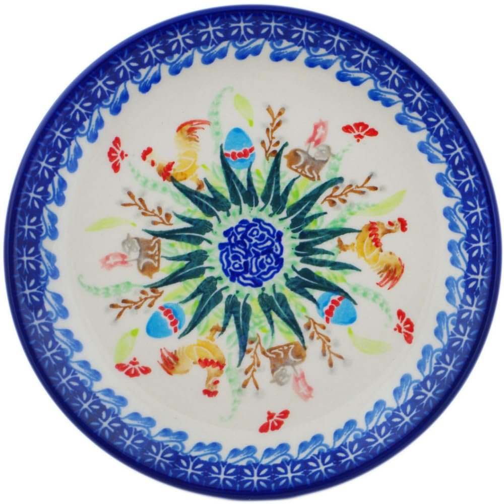 Polmedia Polish Pottery Dessert Plate UNIKAT - Spring Fun Pattern Handmade in Boleslawiec Poland by Ceramika Dalia + Certificate of Authenticity