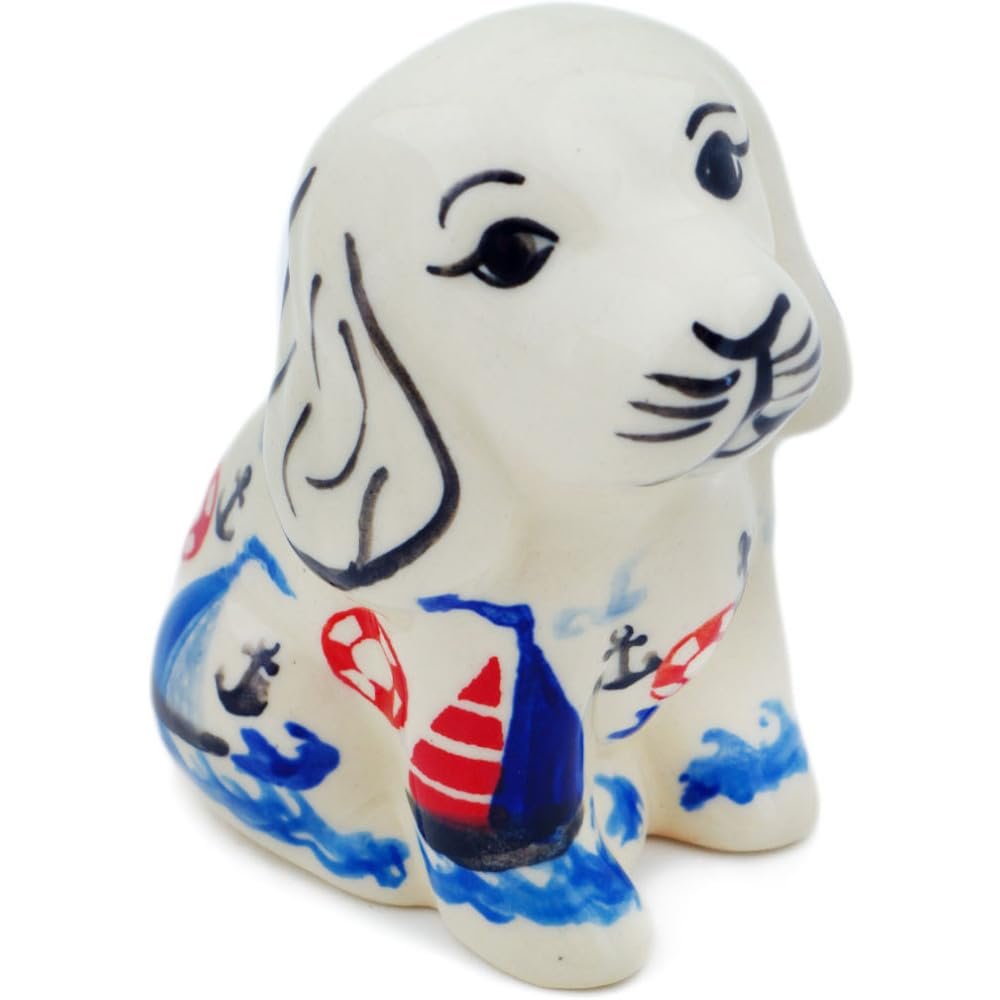 Polmedia Polish Pottery Dog Figurine - Sweet Sailboats Pattern Handmade in Boleslawiec Poland by Ceramika Bona + Certificate of Authenticity