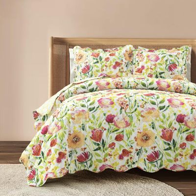 Lush Decor Leilani Watercolor Scallop Edged Floral Quilt 3 Piece Set Full/Queen Yellow & Multi - Floral Bedding Set Queen Quilt - Spring Decor