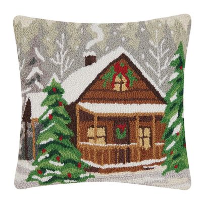Peking Handicraft Holiday Woods Cabin 20" x 16" Hooked Wool Throw Pillow with Polyfill Insert