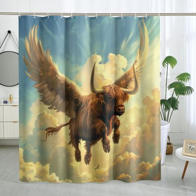 DESIHOM Funny Wing Highland Cow Shower Curtain Set 62" x 72" with Hooks, Cool Farm Angel Bull Bathroom Decor, Fun Wildlife Animal Bath Accessories Polyester Fabric