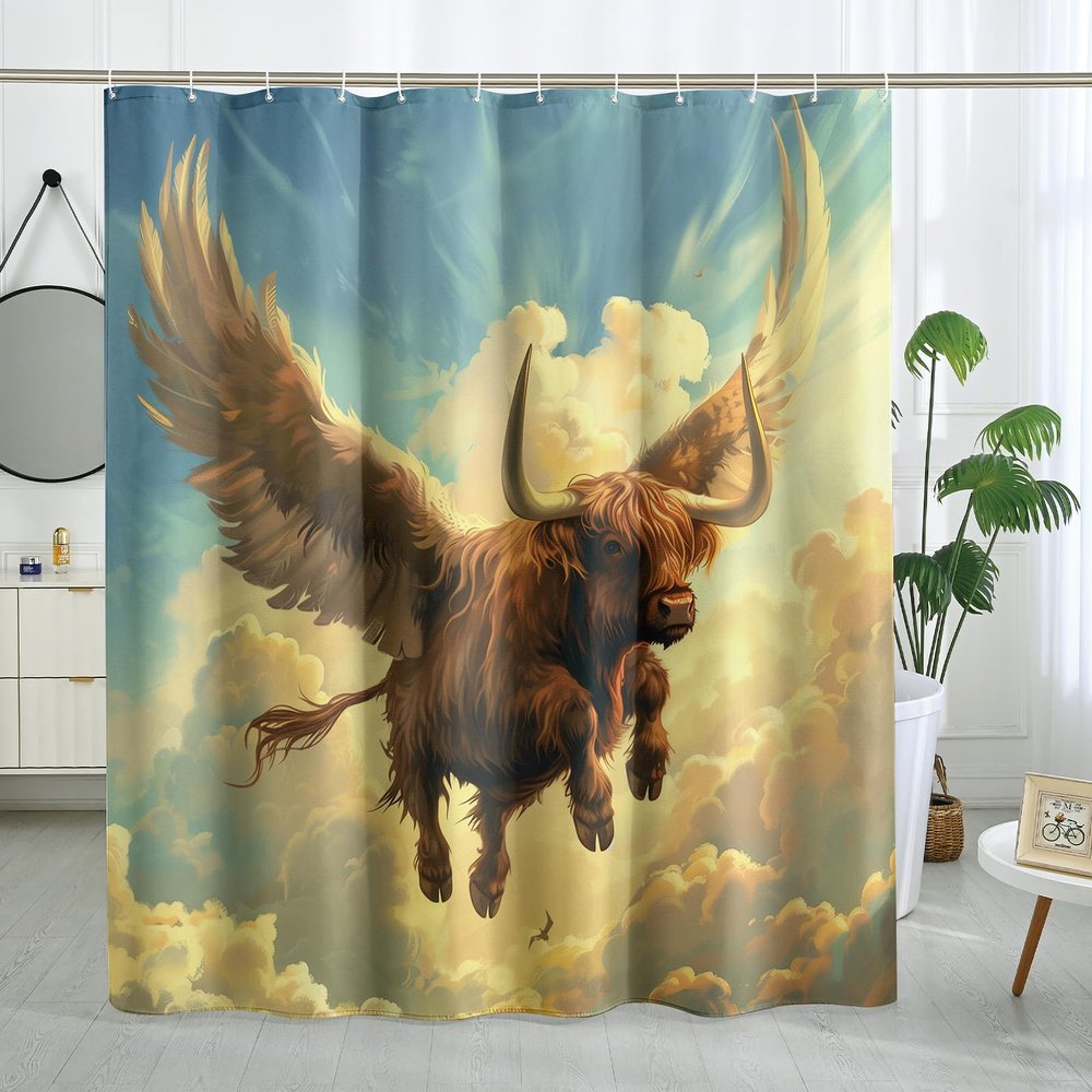 DESIHOM Funny Wing Highland Cow Shower Curtain Set 62" x 72" with Hooks, Cool Farm Angel Bull Bathroom Decor, Fun Wildlife Animal Bath Accessories Polyester Fabric