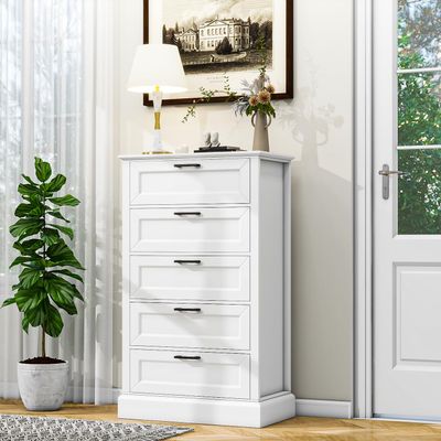 biukpci White Dresser with 5 Drawers, Vertical Storage for Bedroom, Wood Tall Dresser for Hallway, Wooden Tall Chest of Drawers for Entryway, Nursery, Lingerie Chest Drawer, Modern Farmhouse Style