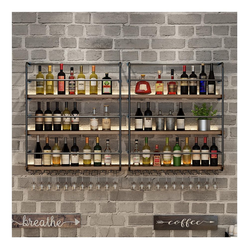 3 Tier Wall Mount Wine Rack,Modern Wine Storage Rack Wall Mounted,Iron Bar Liquor Shelf,Wood Shelf,Metal Bottle Holder Multi Functional Wine Storage Display Rack for Home Bar Dining Room Kitchen