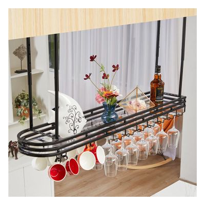 Ceiling Shelf Floating Shelves Kitchen Storage Wine Rack,Height Adjustable Hanging Wine Glass Rack, Wine Bottle, Wine Glass, Restaurant, Bar Dish Storage Rack Perfect for Bar Cafe Kitchen ( Color : Bl