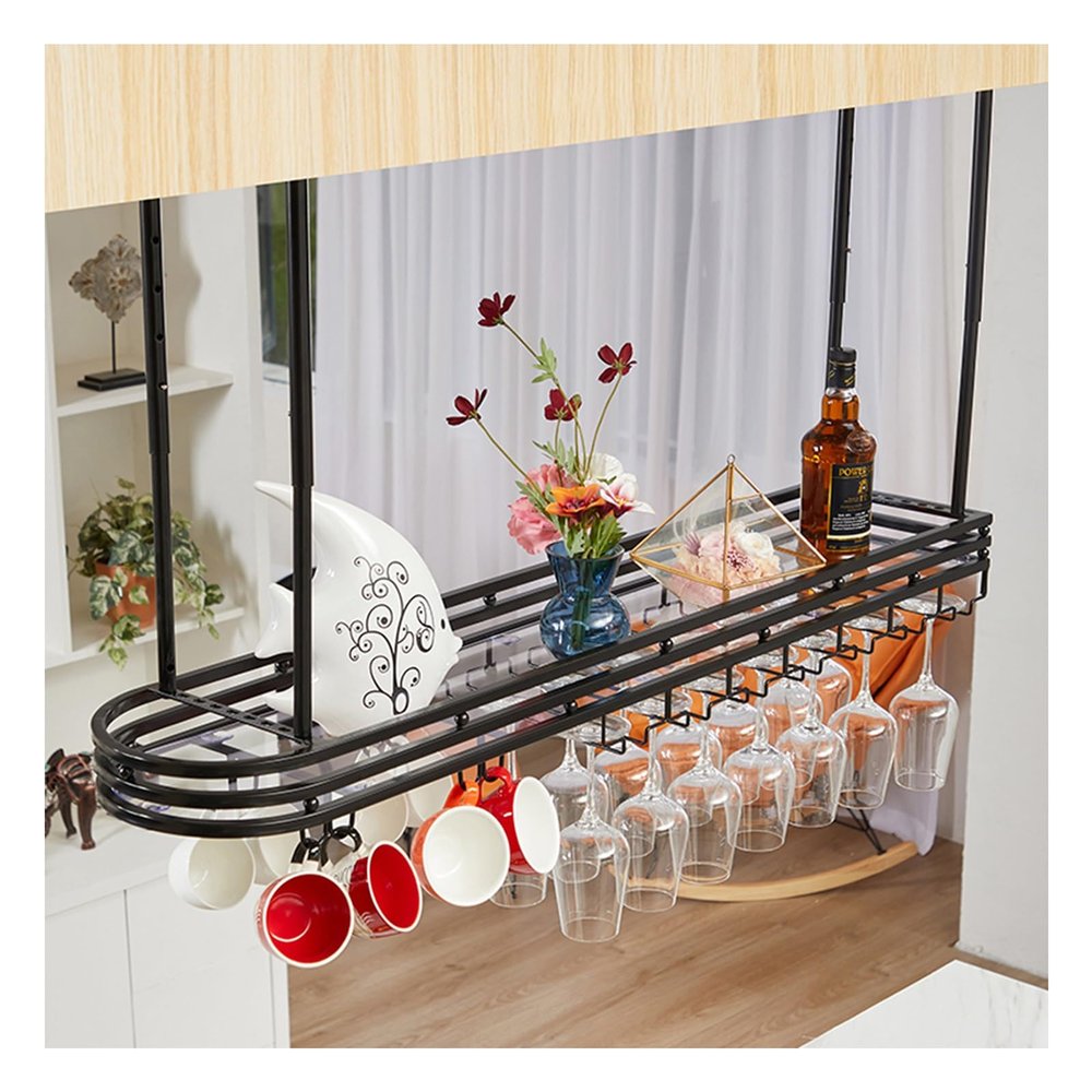 Ceiling Shelf Floating Shelves Kitchen Storage Wine Rack,Height Adjustable Hanging Wine Glass Rack, Wine Bottle, Wine Glass, Restaurant, Bar Dish Storage Rack Perfect for Bar Cafe Kitchen ( Color : Bl