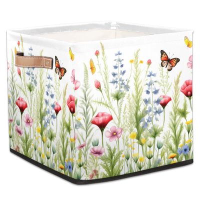 TULIMET Wildflowers Floral Butterfly 13 In Cube Storage Bin Fabric Storage Cubes Organizer with Handles, Foldable Decorative Cube Basket for Organizing, Clothes, Closet, Shelves