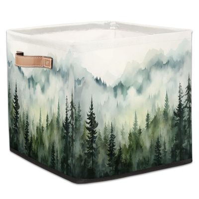 TULIMET Forest Tree Foggy Mountain 13 In Cube Storage Bin Fabric Storage Cubes Organizer with Handles, Foldable Decorative Cube Basket for Organizing, Clothes, Closet, Shelves