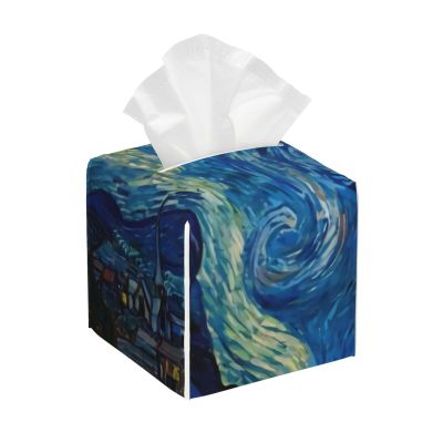 Tissue Box Cover The Starry Night Van Gogh Modern PU Leather Square Tissue Box Holder - Decorative Holder/Organizer for Bathroom Vanity Countertop, Night Stands, Office Desk & Car 5"X5"X5"