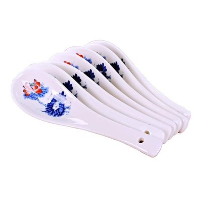 ARCEFT Scoop 7 Pieces Ceramic Spoon with Blue Pattern Design Tea Spoons, Table Spoons, Dessert Spoons Asian Spoon, 5.3 Inches Long Soup Spoon