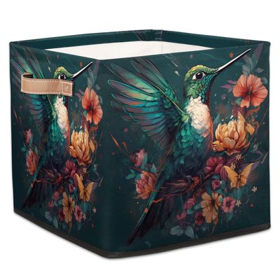 TULIMET Floral Bird Hummingbird 13 In Cube Storage Bin Fabric Storage Cubes Organizer with Handles, Foldable Decorative Cube Basket for Organizing, Clothes, Closet, Shelves