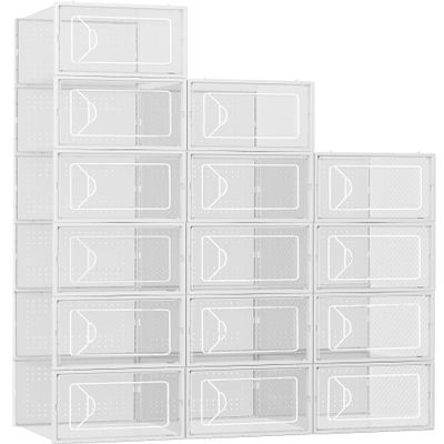 Foluck Shoe Storage Box, 15 Pack Clear Plastic Stackable Shoe Organizer for Closet, Interlocking Design Shoe Container Bins for Sneakers, Foldable Shoe Rack with Lids, White