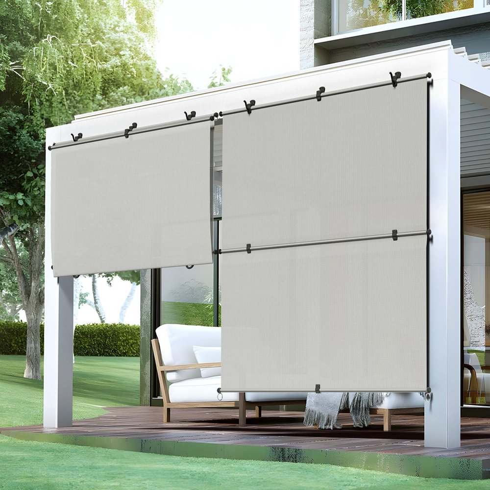 Bynbbur 7'W x 5'H Outdoor Patio Shades Foldable Roller Blinds, 220 GSM Sun Shade Roll Up Porch Screens Exterior Shade Cloth for Deck Pergola Backyard, Light Gray