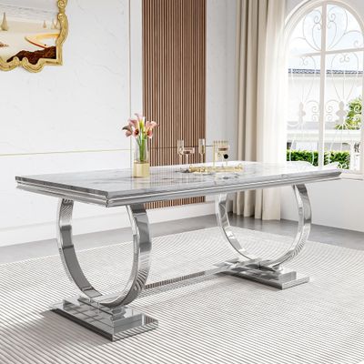 70'' Marble Dining Table for 6 People, Rectangle Faux Marble Dining Table with Silver Mirrored Finish Stainless Steel Base, Modern Marble Kitchen Table for Living Room Home Office
