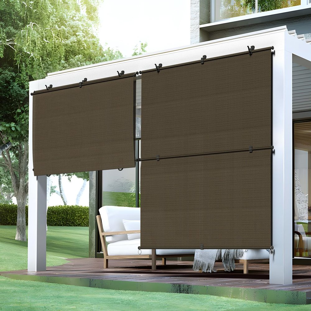 Bynbbur 7'W x 7'H Outdoor Patio Shades Foldable Roller Blinds, 220 GSM Sun Shade Roll Up Porch Screens Exterior Shade Cloth for Deck Pergola Backyard, Brown