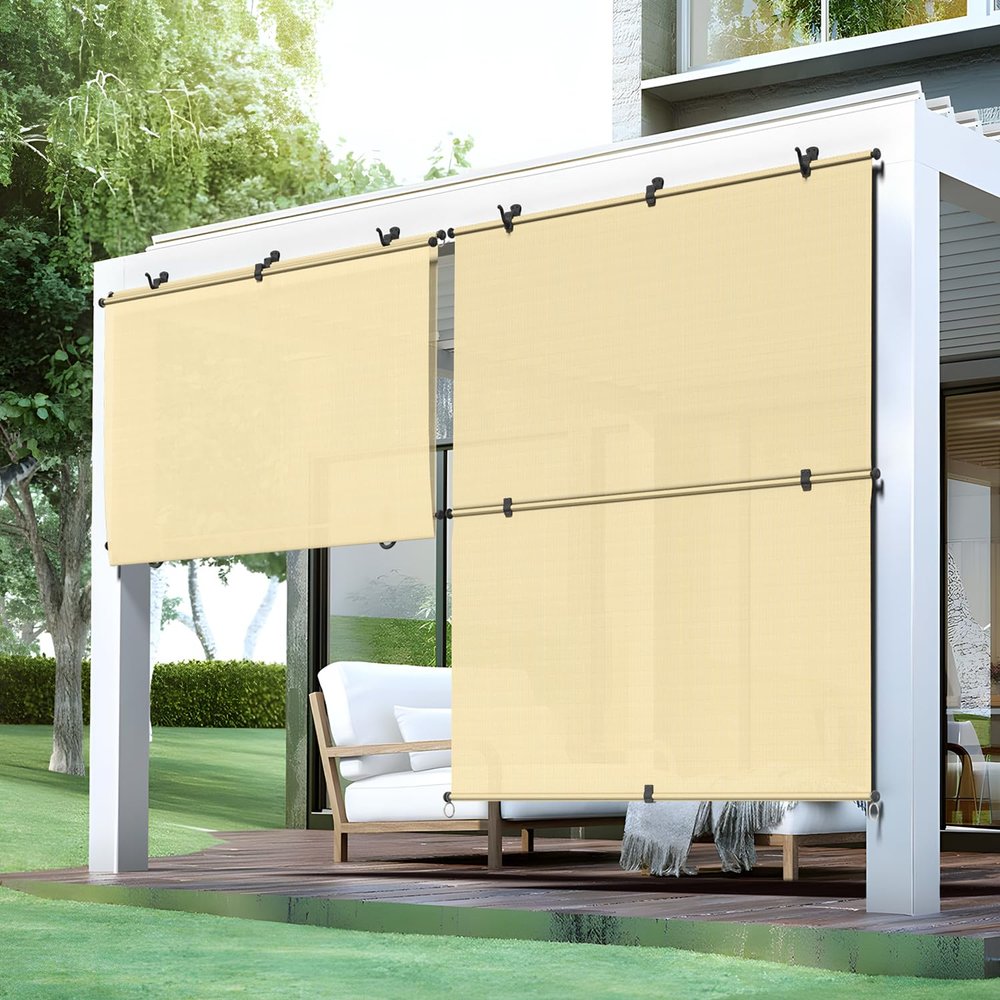 Bynbbur 7'W x 6.5'H Outdoor Patio Shades Foldable Roller Blinds, 220 GSM Sun Shade Roll Up Porch Screens Exterior Shade Cloth for Deck Pergola Backyard, Beige
