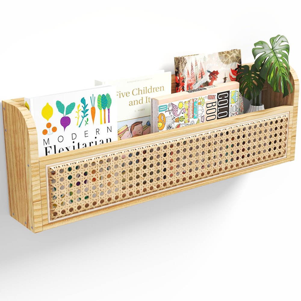 Ecowillon Wooden Rattan Wall Shelf - 24 Nursery Hanging Book Shelves for Wall, Picture Ledge Wicker Shelf, Boho Decorative Shelves for Netural Nursery Decor, Floating Rattan Shelf for Office,Bedroom