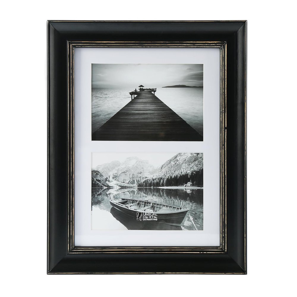 UMICAL 5x7 Collage Picture Frame Matted 2-Opening Vintage Style Distressed Look Black Wood Photo Frames with 2 Mats for Tabletop and Wall Mounting Display