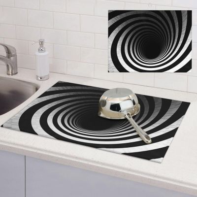 Dish Drying Mat for Kitchen Counter 18x24 Inch Microfiber Dish Drying Pad Black and white spiral tunnel Absorbent Large Dishes Drainer Mats for Kitchen Countertops Sinks Draining Racks