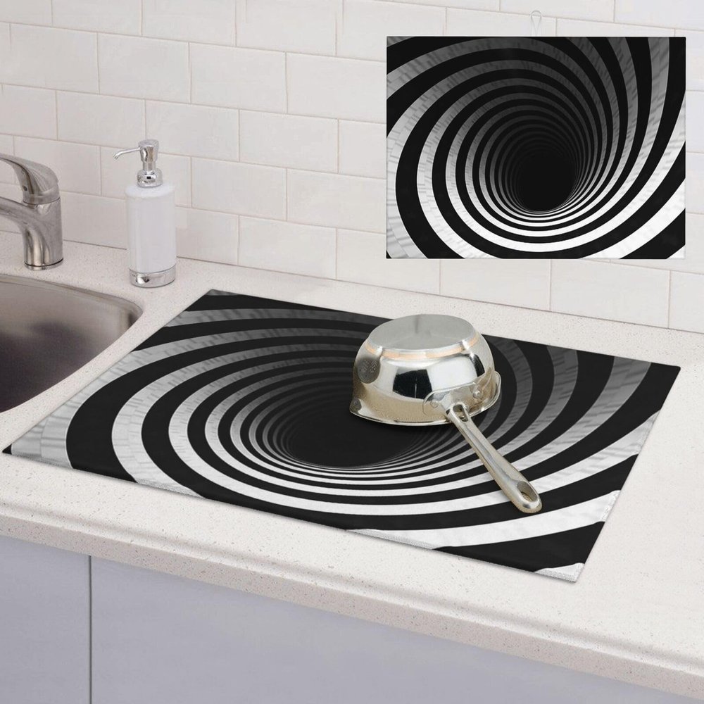 Dish Drying Mat for Kitchen Counter 18x24 Inch Microfiber Dish Drying Pad Black and white spiral tunnel Absorbent Large Dishes Drainer Mats for Kitchen Countertops Sinks Draining Racks