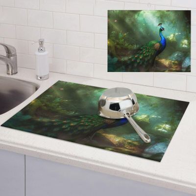 Dish Drying Mat for Kitchen Counter 18x24 Inch Microfiber Dish Drying Pad Peacock Absorbent Large Dishes Drainer Mats for Kitchen Countertops Sinks Draining Racks
