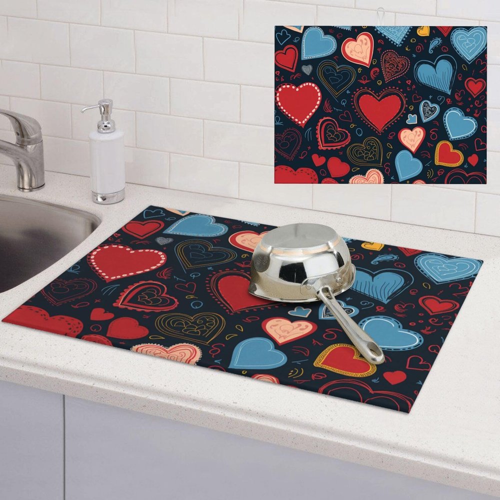 Dish Drying Mat for Kitchen Counter 18x24 Inch Microfiber Dish Drying Pad arious heart shapes Absorbent Large Dishes Drainer Mats for Kitchen Countertops Sinks Draining Racks