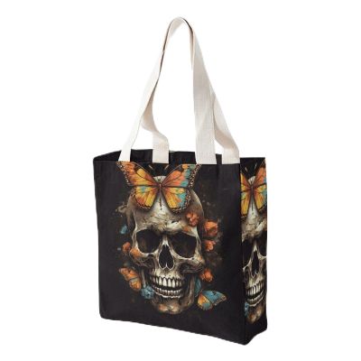 BTCOWZRV Canvas Tote Bag for Women Reusable Grocery Bag Skull And Butterfly Shopping Bags Casual Shoulder Bag Handbag