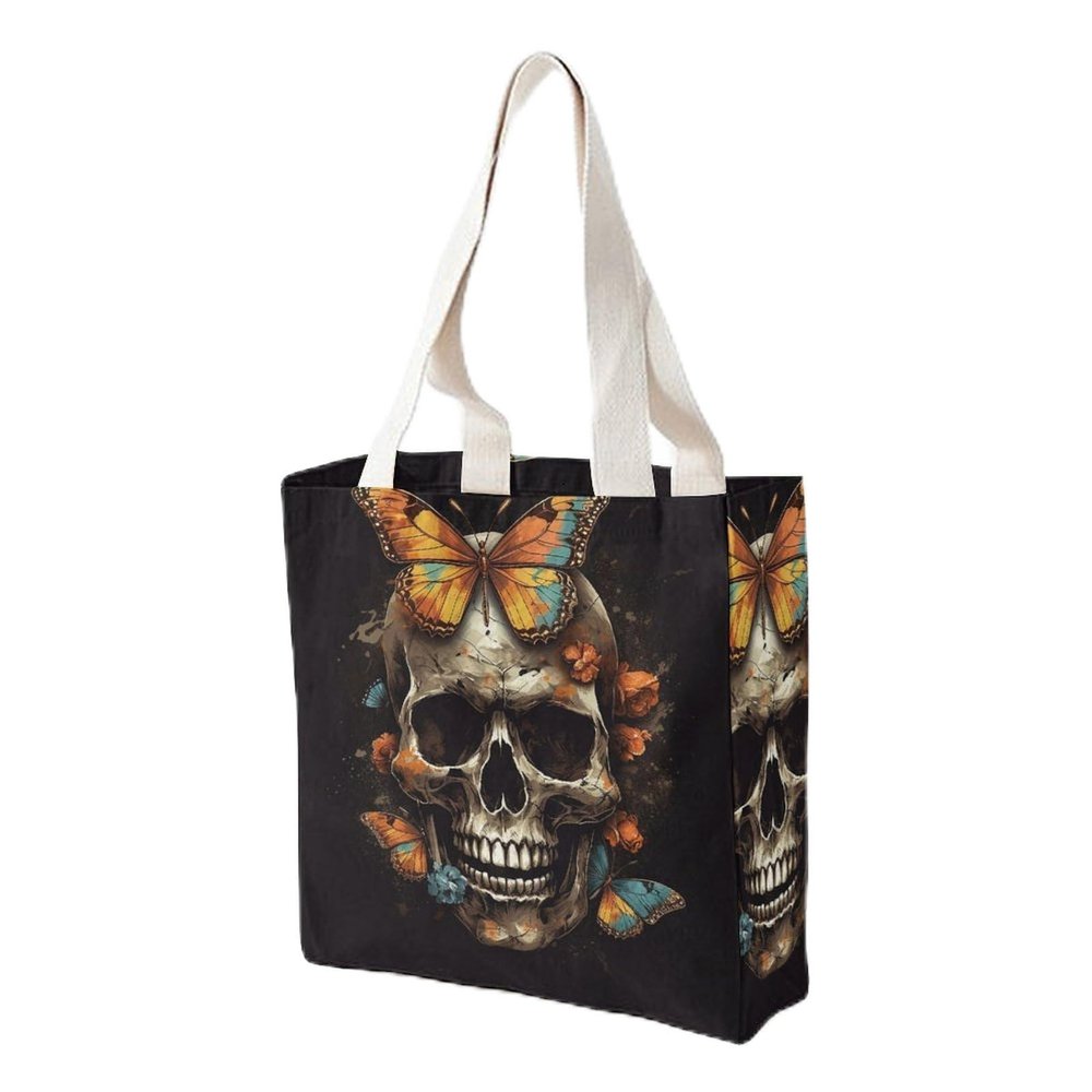 BTCOWZRV Canvas Tote Bag for Women Reusable Grocery Bag Skull And Butterfly Shopping Bags Casual Shoulder Bag Handbag