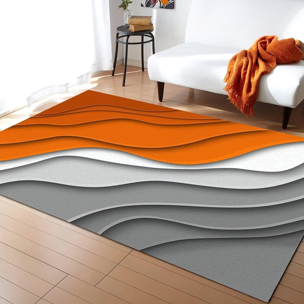 Abstract Geometric Orange Gray Orange Gradient Area Rug, Light Luxury Modern Water Ripple Indoor Non Slip Bedroom Rug, Machine Washable Carpet for Living Room Office Floor Mat - 6 ft x 8 ft