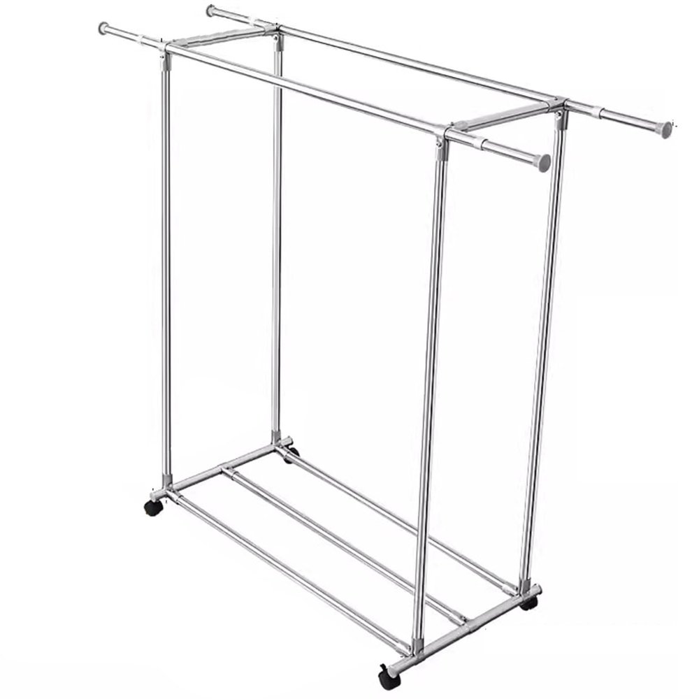 Heavy duty Garment rack Double Rod Clothing Rack On Wheels, Extendable Hanging Rod, Heavy Duty Clothes Rail With Shelves, Portable Closet Organizer For Bedroom, Stainless Steel Clothes Drying Rack