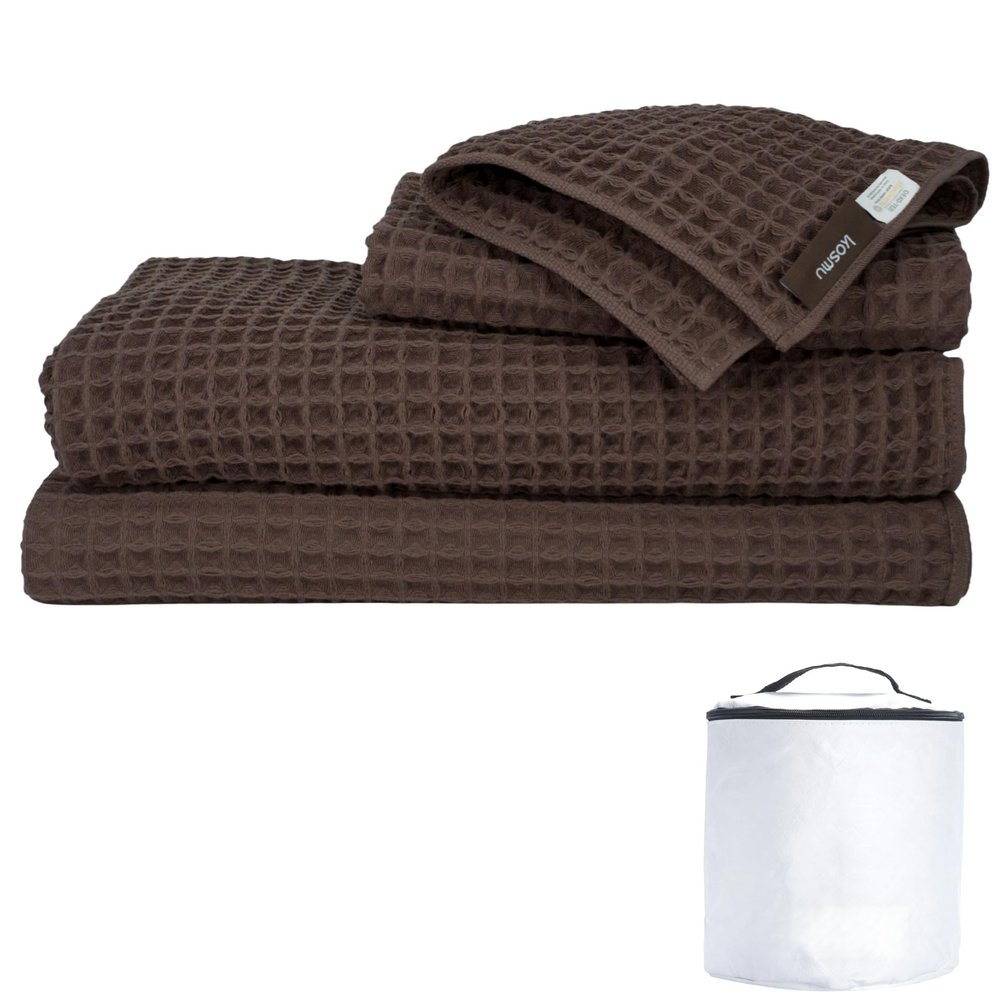 KOSMU Luxury Organic Japanese Cotton Waffle Bath Towel | Thick, Absorbent, Quick Dry Bathroom Towels for Shower, Sauna, Onsen| Hotel & Spa Quality, Gift-Ready (Dark Cocoa, Complete Set (4-Piece))