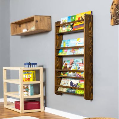 Furpinea Real Wood Handmade Walnut Color Kids Wall Mounted Montessori Bookshelf for Nursery, Bedroom, Living Room (4 Tier, 48" Hx24 W)