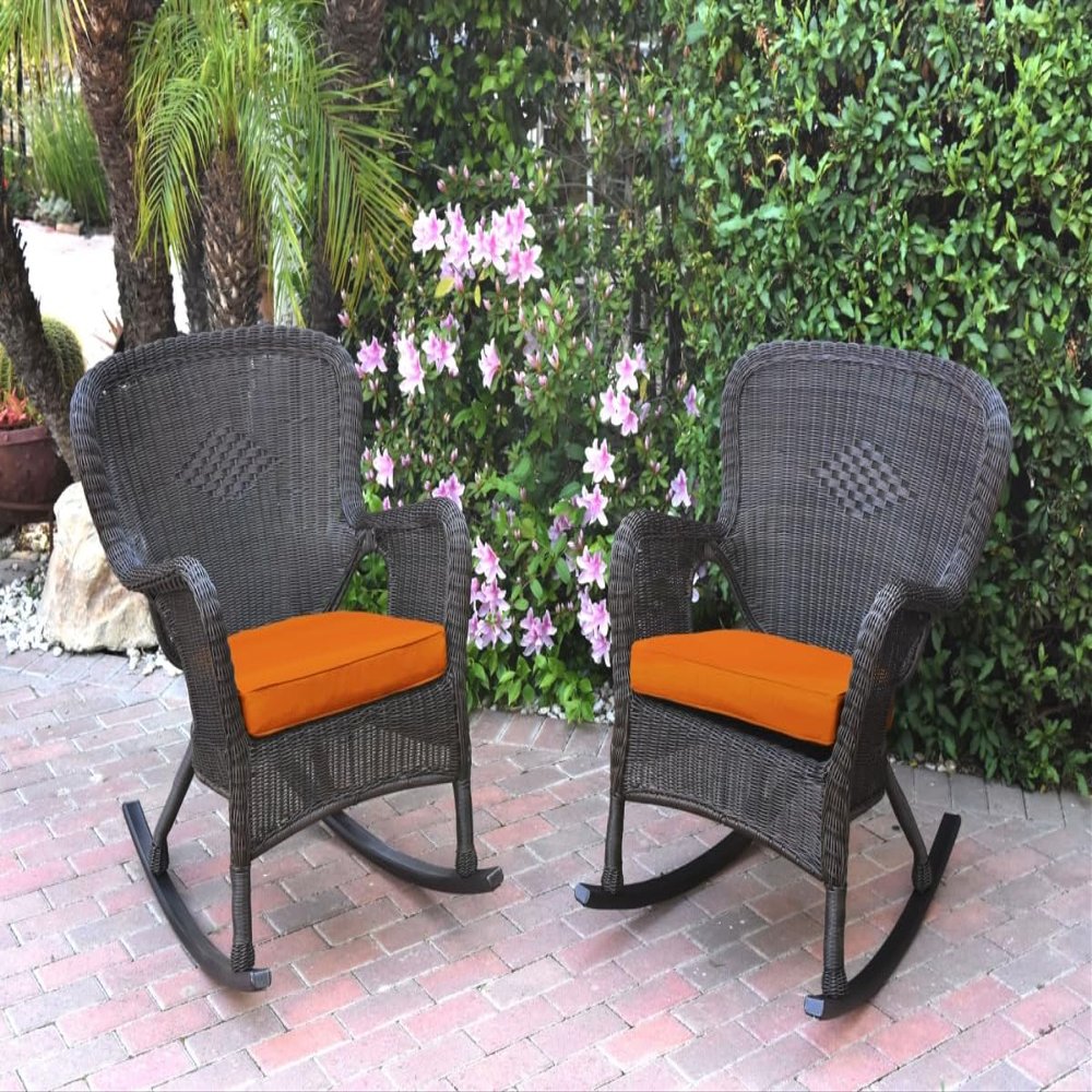 212 Main W00215-R-2-FS016 Windsor Espresso Resin Wicker Rocker Chair with Orange Cushion - Set of 2