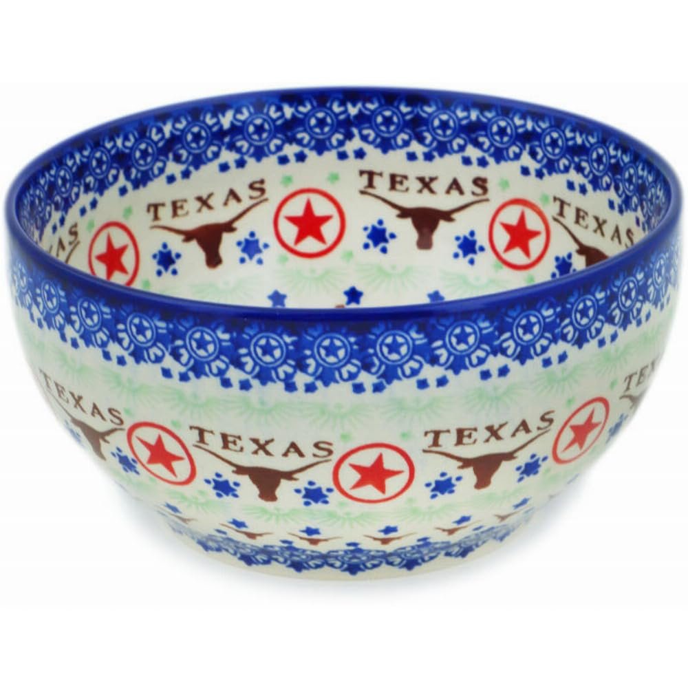 Polmedia Polish Pottery Bowl 7-inch - Texas State Pattern Handmade in Boleslawiec Poland by Ceramika Bona + Certificate of Authenticity
