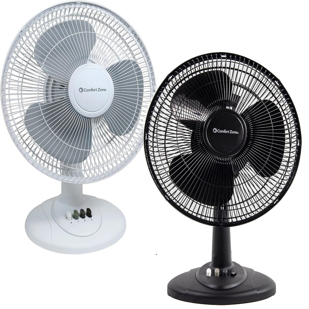 Comfort Zone Oscillating Table Fan Bundle, Adjustable Tilt, Convenient Push Button Controls, Quiet, 12 inch, 3 Speed, Desk Fan, Airflow 7.25 ft/sec, Ideal for Home, Bedroom, Dorm & Office (2-Pack)