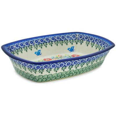 Polmedia Polish Pottery Rectangular Baker - Ring Of Meadow Flowers Pattern Handmade in Boleslawiec Poland by Ceramika Bona + Certificate of Authenticity