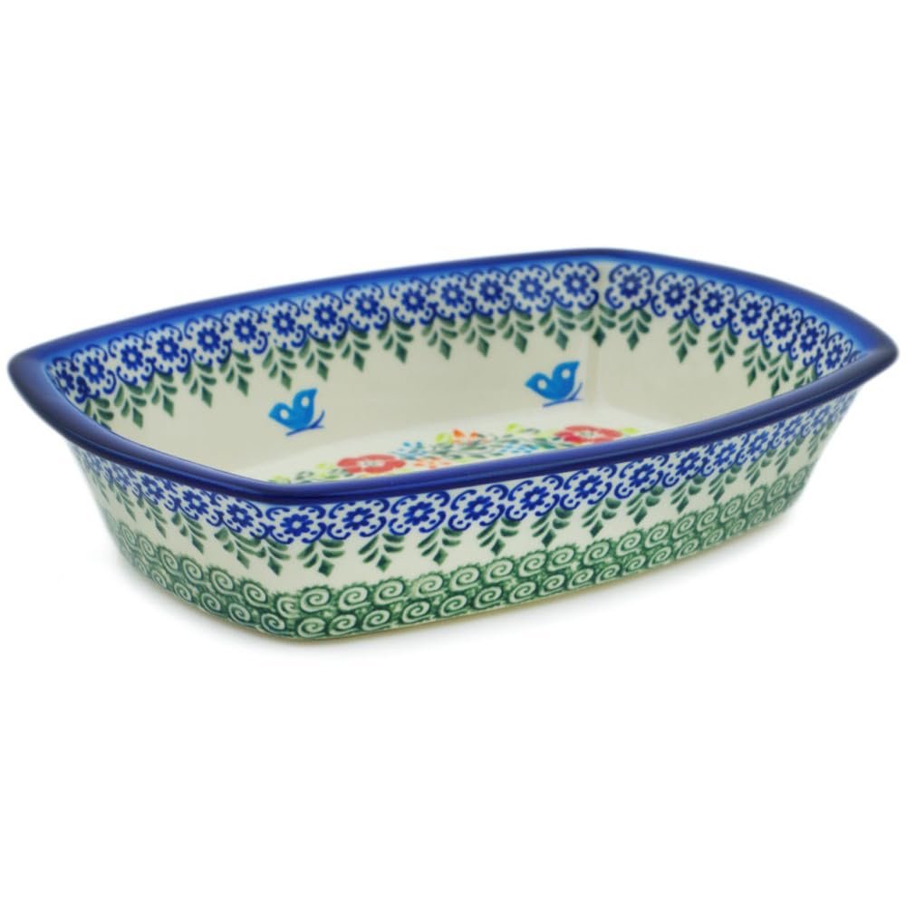 Polmedia Polish Pottery Rectangular Baker - Ring Of Meadow Flowers Pattern Handmade in Boleslawiec Poland by Ceramika Bona + Certificate of Authenticity