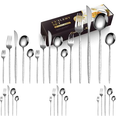 GOODJAYVEN Silverware Flatware Set, 30-piece Hammered Portuguese Stainless Steel Tableware Hotel Cutlery, Forks, Spoons And Steak Knives Cutlery Set(Color:Silver)