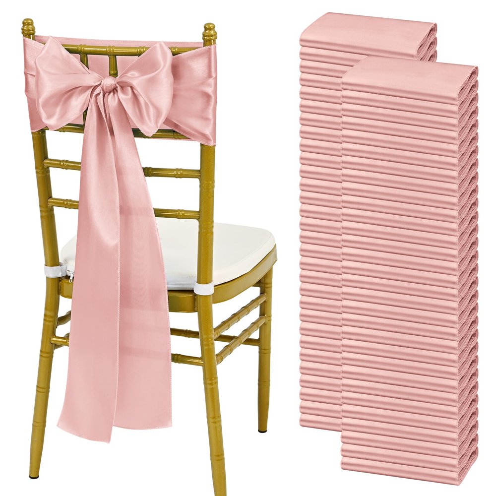 YMHPRIDE 60 PCS Rose Gold Satin Chair Sashes, 7x108 Inch Ties Chair Bows