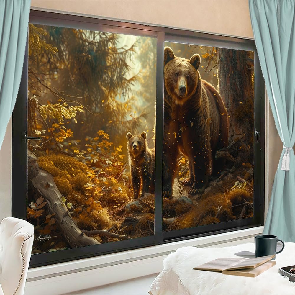 Abstract Bear Frosted Window Film Coverings Natural Wild Animal Rustic Mountain Forest Window Privacy Film Self-Adhesive Glass Film Decorative Sticker Frosted for Home Bathroom 35.4Wx63L-inch x2 Pcs