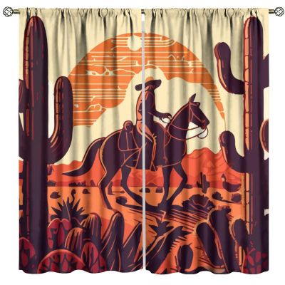 Western Darkening Window Drapes Wild West Cowboy Desert Cactus Sunset Rod Pocket Blackout Grunge Design Curtains for Bedroom Living Room Decor 63" W X 63" L