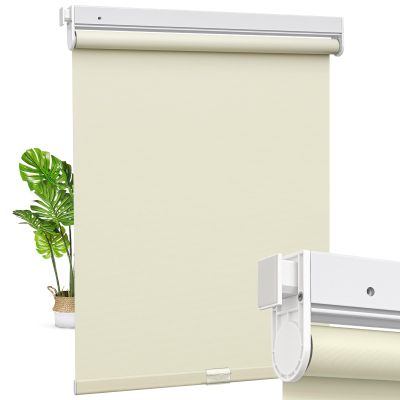Pasoun No Drill Cordless Roller Shades No Tools 100% Blackout Roller Windows Blinds Waterproof Fabric Privacy Blinds Thermal Insulated Tension Shades for Home Office (Beige, 31" W x 56" H)