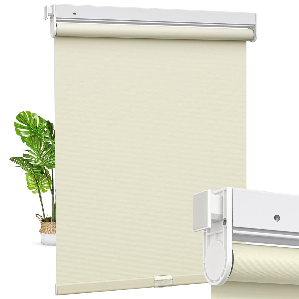 Pasoun No Drill Cordless Roller Shades No Tools 100% Blackout Roller Windows Blinds Waterproof Fabric Privacy Blinds Thermal Insulated Tension Shades for Home Office (Beige, 31" W x 56" H)