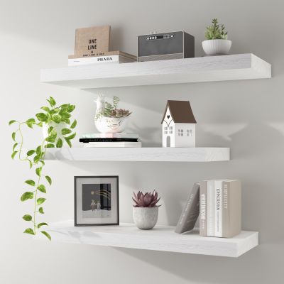 Kultilanda Floating Shelves 24 Inch Wall Shelf Solid Wood Mounted Storage for Bedroom Living Room Set of 3, White Wall Shelves