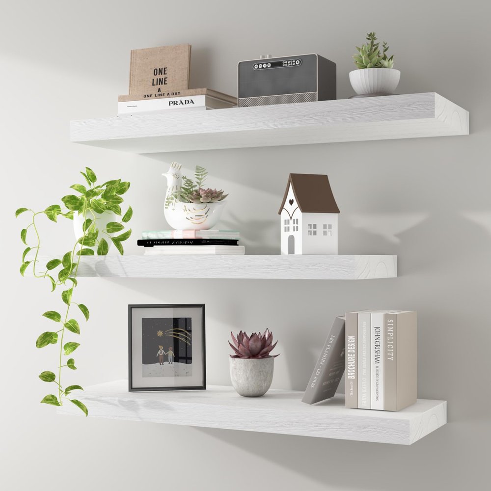 Kultilanda Floating Shelves 24 Inch Wall Shelf Solid Wood Mounted Storage for Bedroom Living Room Set of 3, White Wall Shelves