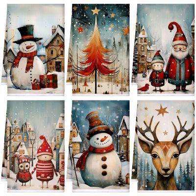 Bencailor 6 Pcs Retro Christmas Kitchen Towels Christmas Dish Towel Set Absorbent Soft Microfiber Farmhouse Winter Snowman Deer Hand Dishcloths Xmas Gifts Decorations for Kitchen Bathroom