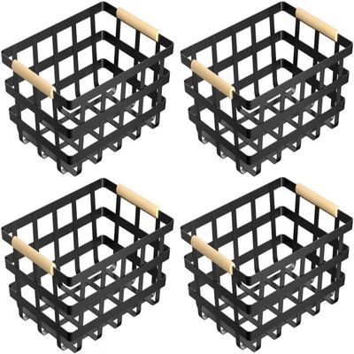 Large Metal Farmhouse Baskets,4 Packs Pantry Storage Baskets,Matte Black Food Organizer Storage Bin Basket with Wood Handles for Kitchen Cabinets Shelf Pantry