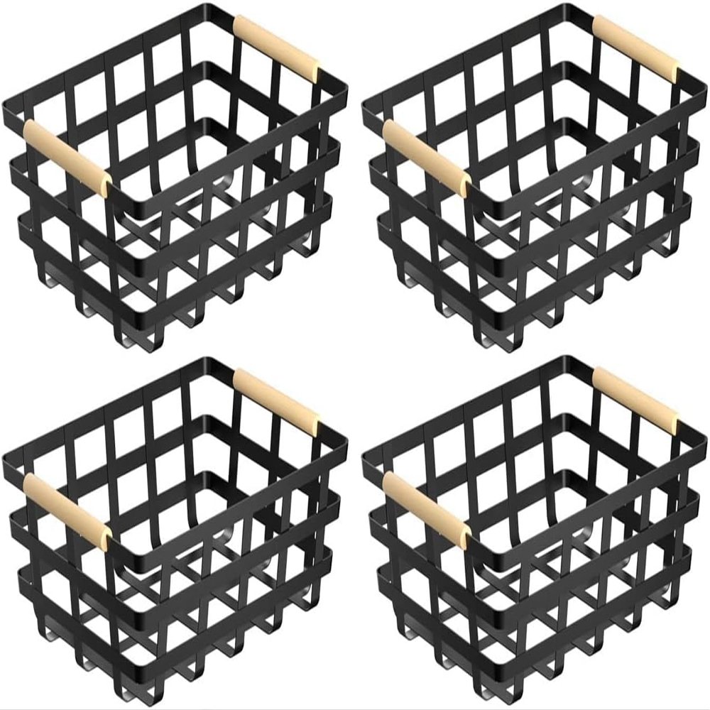 Large Metal Farmhouse Baskets,4 Packs Pantry Storage Baskets,Matte Black Food Organizer Storage Bin Basket with Wood Handles for Kitchen Cabinets Shelf Pantry