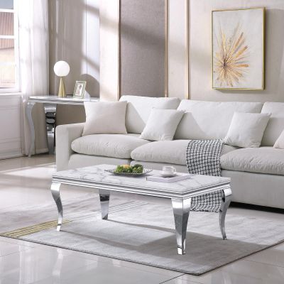 Kootlena 47" Rectangle Marble Coffee Table, Luxury White Marble Center Table with Silver Mirror Finish Stainless Steel Legs, Elegant Coffee Table Cocktail Table for Living Room Office